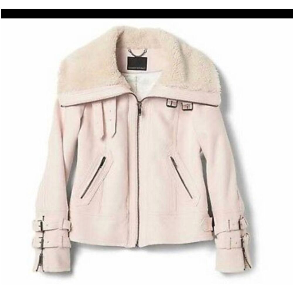 Banana Republic Faux-Shearling Light Pink Moto Jacket Oversized Collar Large